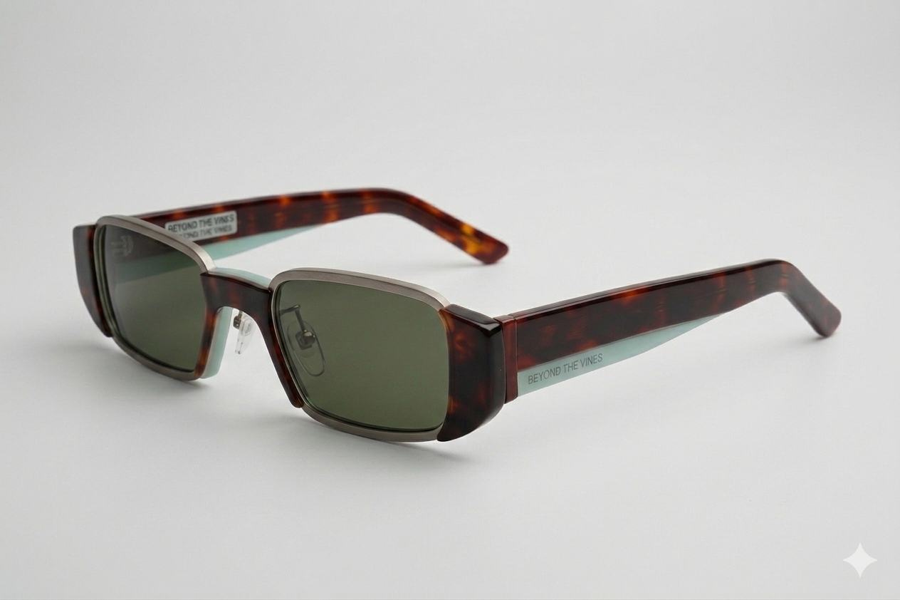Beyond the Vines tortoiseshell sunglass with metallic inner rim.