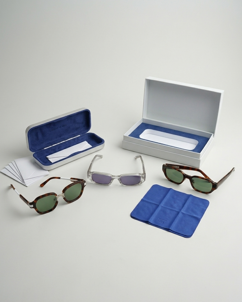 Beyond the Vines collection — presentation box, hard case, sunglasses, and cleaning cloth.