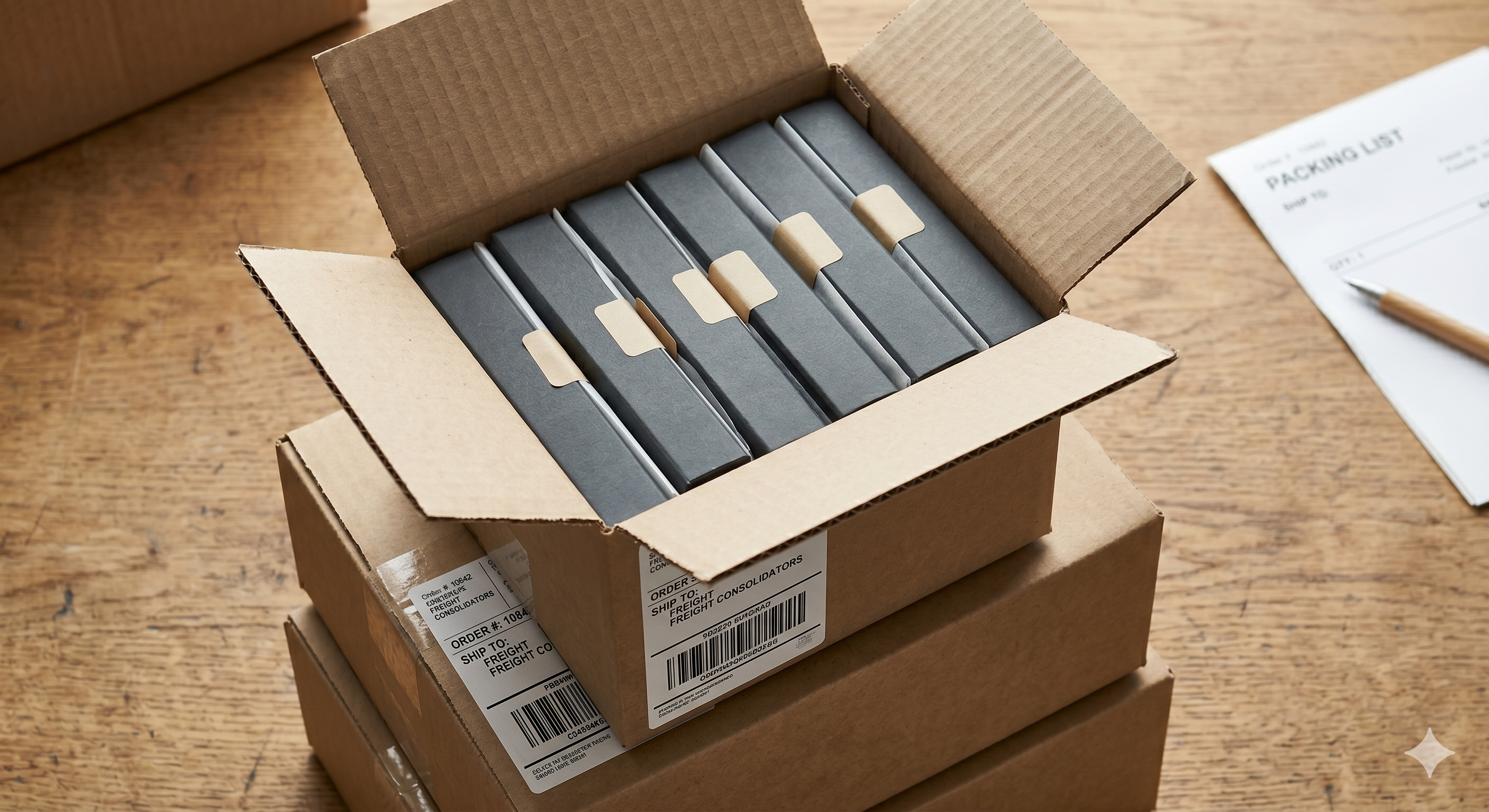 Packed cartons with shipping labels, ready for freight.