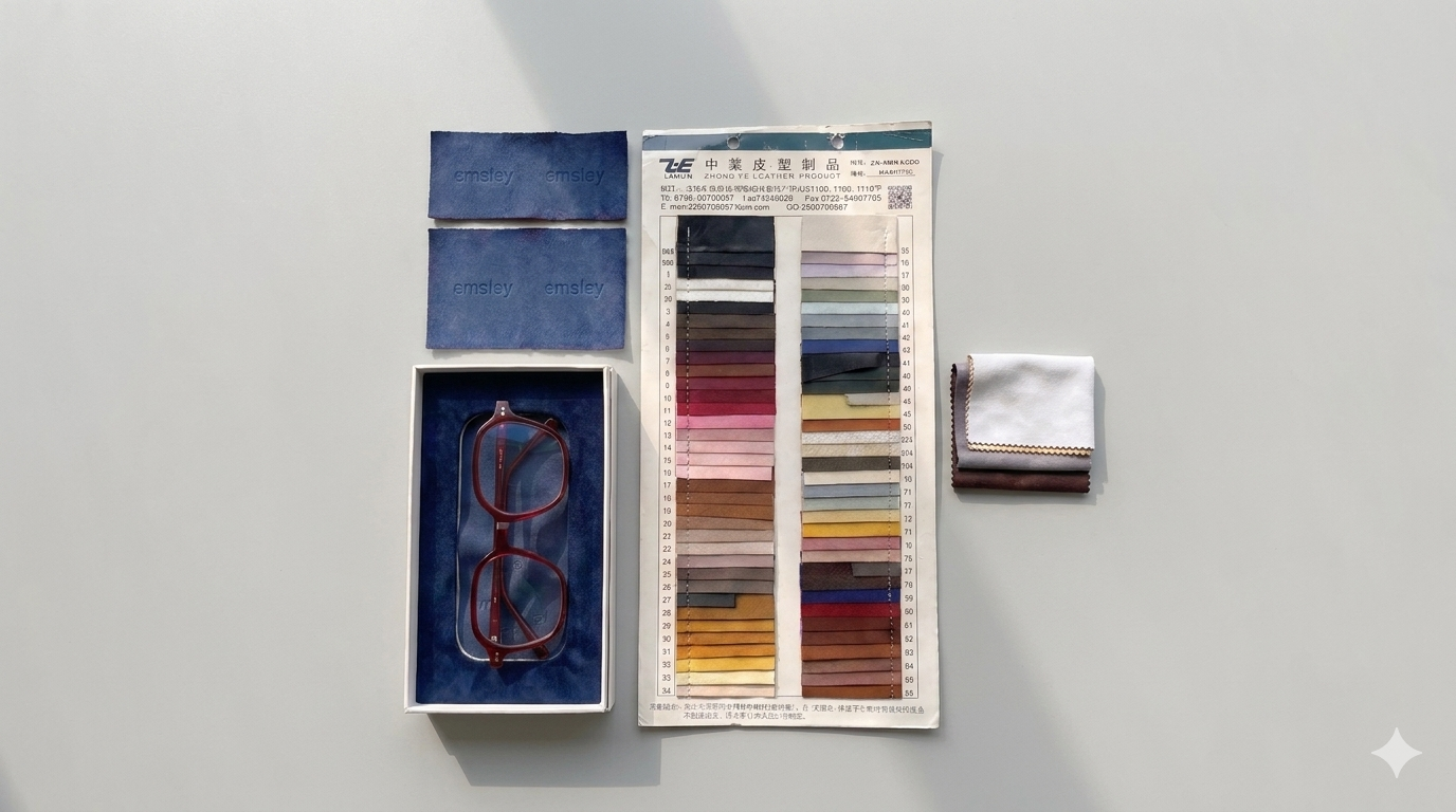 Sample frames, leather swatches, and material references on a studio table.